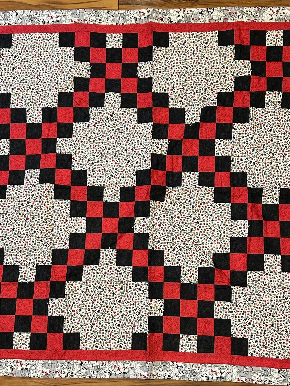 Handmade Red & Black Checkered Pieced Quilt - Floral Background